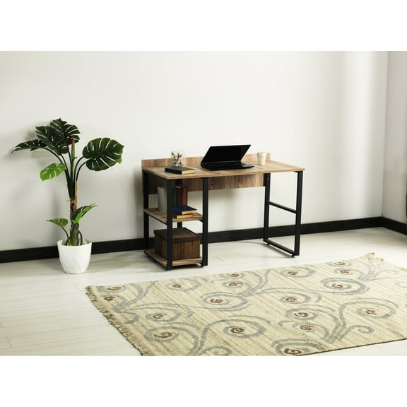 Home Office 58" Wooden Top Desk With Black Metal Frame & 2 Shelves, Solid Wood, 32" H, 24" D, W, 45 Lb For Office, Skeleton, Top, Oak
