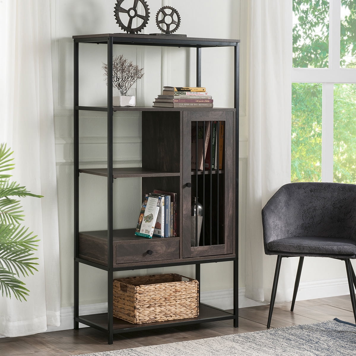 Home Office Bookcase and Bookshelf 5 Tier Display Shelf with Doors and