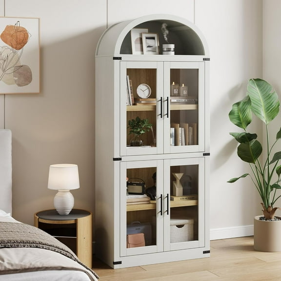 Home Office Bookshelf with Doors Farmhouse Bookcase 15.83in Depth Display Storage Shelves 71.4in Tall Wooden Display Cabinet Rounded Bookcases for Living Room, Kitchen