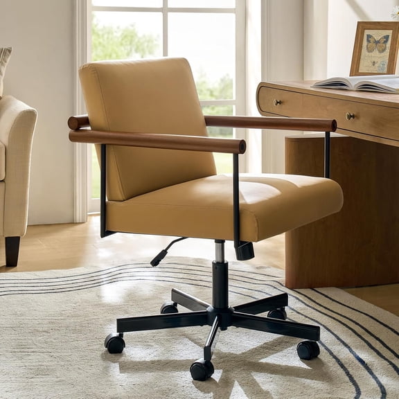 Home Office Chair with 21 Wide Seat, Faux Leather Upholstered Swivel and Tilting Desk Chair, Mid Century Modern Comfy Task Chair with Metal Legs, Camel