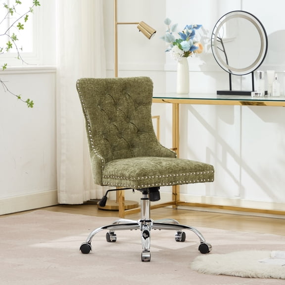 Home Office Chair with Adjustable Height and 5 Wheels, Upholstered Vantiy Chair with Metal Base and 18" Deep Seat, Modern Tufted Swivel Chairs for Living Room Bedroom Study Room, Green