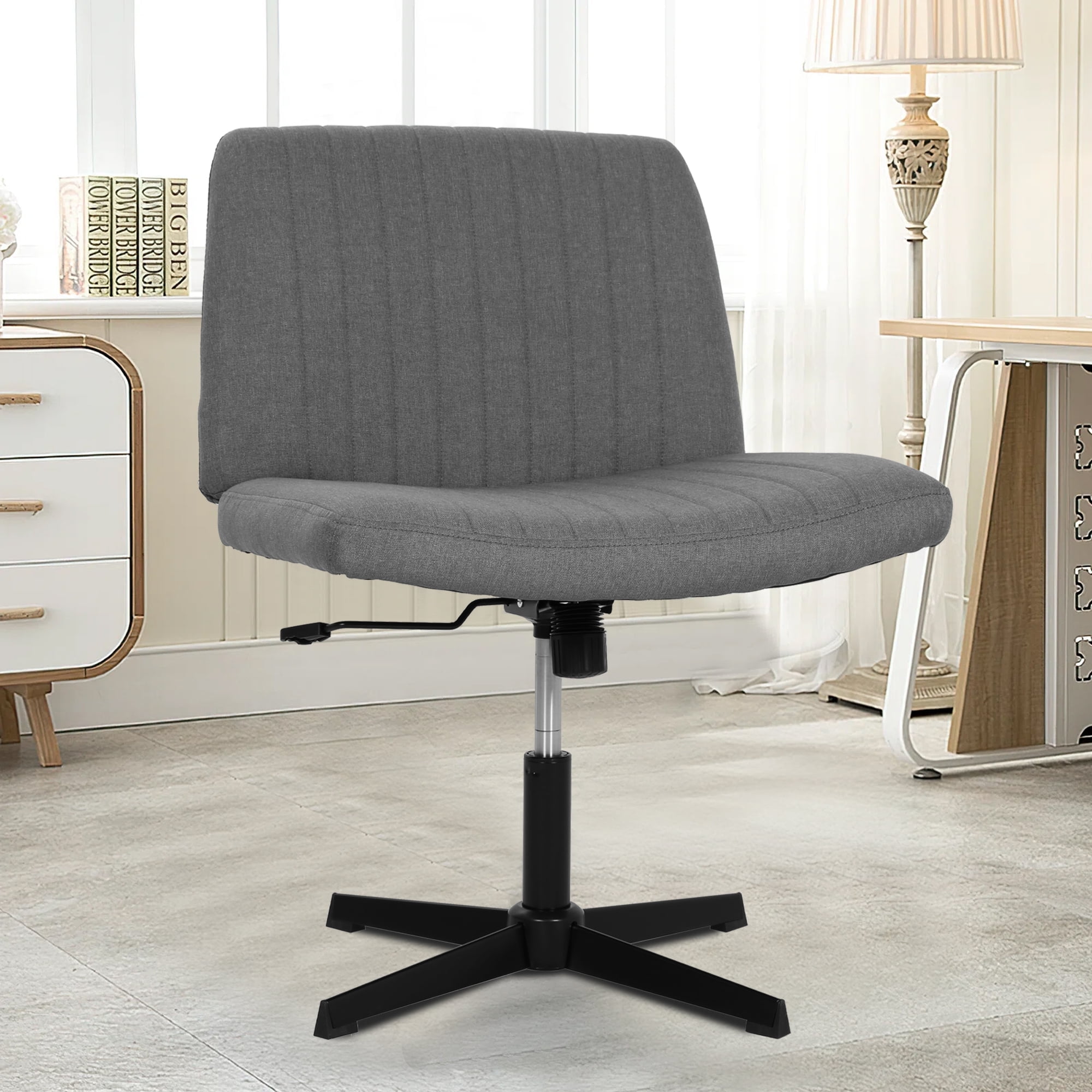 Home Office Chair Armless Criss Cross Legged Chair No Wheels, Wide Comfy Desk Chair Makeup Vanity Chair, Height Adjustable Swivel Fabric Computer Chair Task Chair, Grey