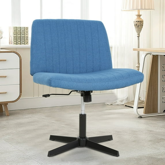 Home Office Chair Armless Criss Cross Legged Chair No Wheels, Wide Comfy Desk Chair Makeup Vanity Chair, Height Adjustable Swivel Fabric Computer Chair Task Chair, Blue