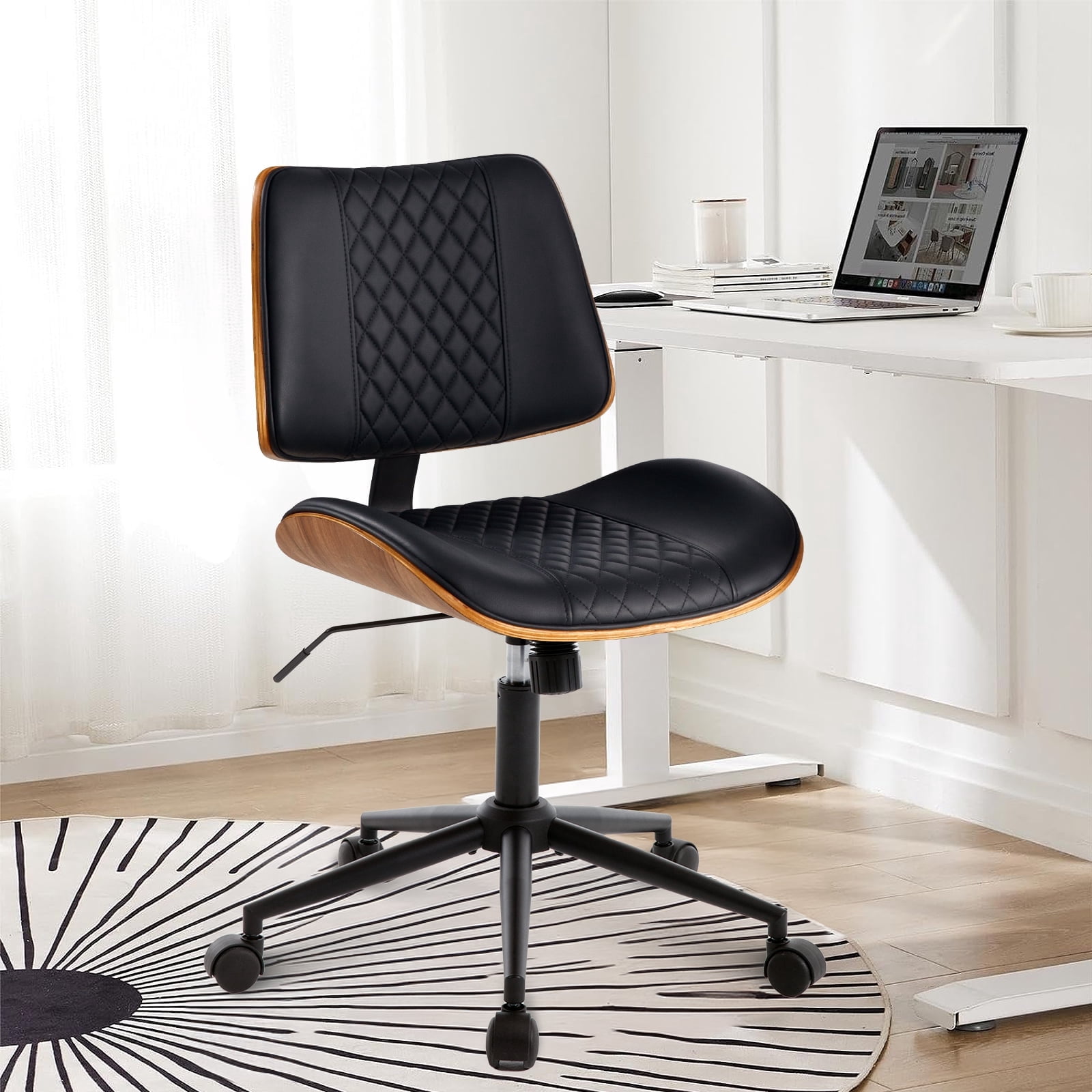 Home Office Chair, Armless Desk Chair with Wheels, Adjustable Height and 360° Swivel, Modern PU Leather Mid Back Computer Chair, Office Chair for Living Room Bedroom Office, Black