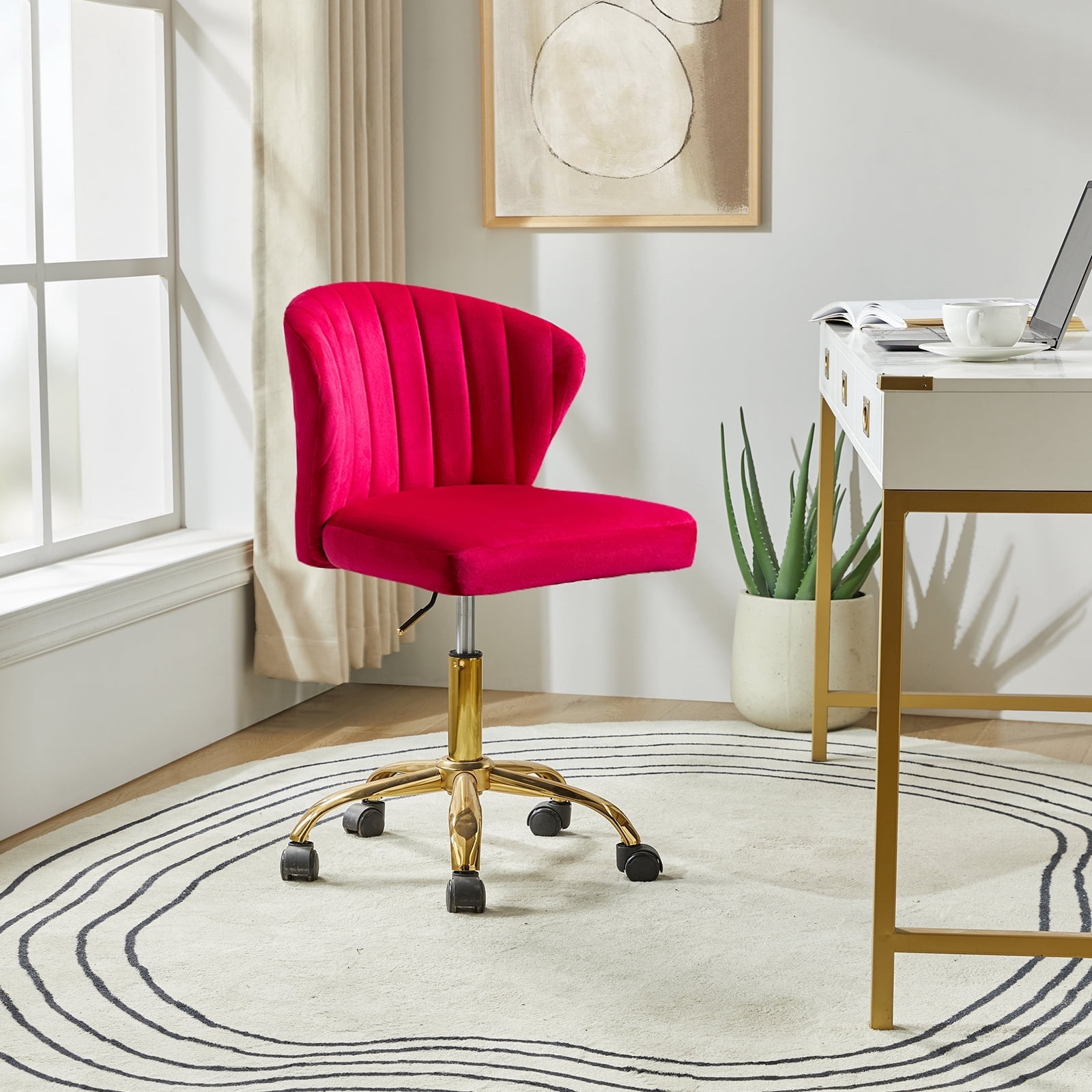 Tina's Home Fushia Velvet Swivel Office Chair with Gold Legs, Adjustable Height Rolling Desk Chair for Vanity