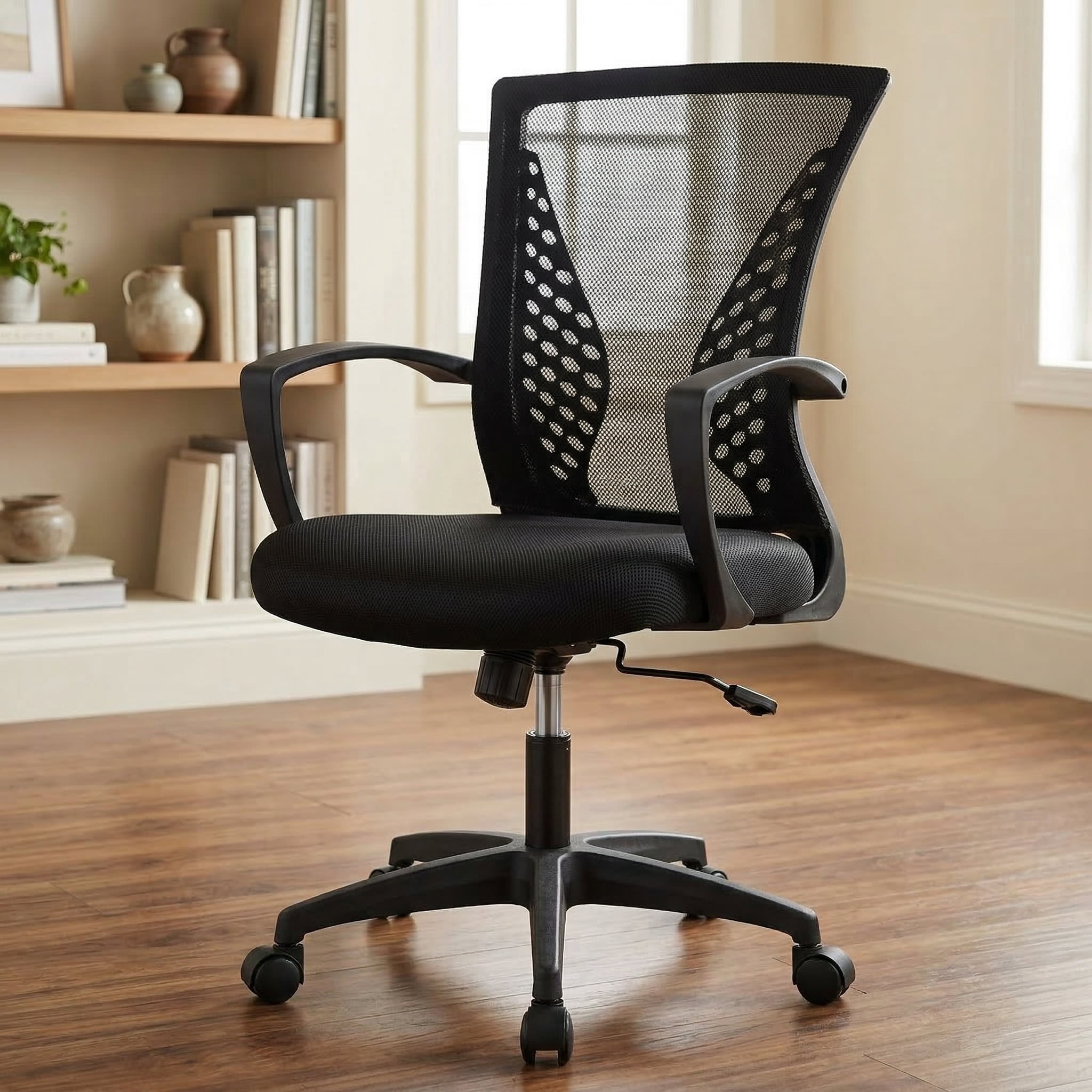 Home Office Chair - Ergonomic Mesh Desk Chair with Lumbar Support, Height Adjustable Task Chairs with Fixed Armrest, for Computer, Students, Conference, 360° Swivel, Black