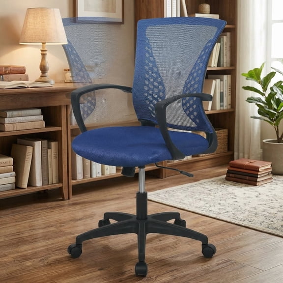 Home Office Chair - Ergonomic Mesh Desk Chair with Lumbar Support, Height Adjustable Task Chairs with Fixed Armrest, for Computer, Students, Conference, 360° Swivel, Blue