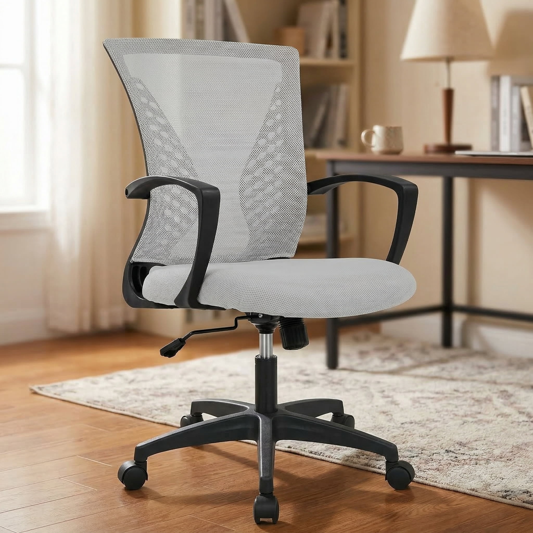 Home Office Chair - Ergonomic Mesh Desk Chair with Lumbar Support, Height Adjustable Task Chairs with Fixed Armrest, for Computer, Students, Conference, 360° Swivel, Grey