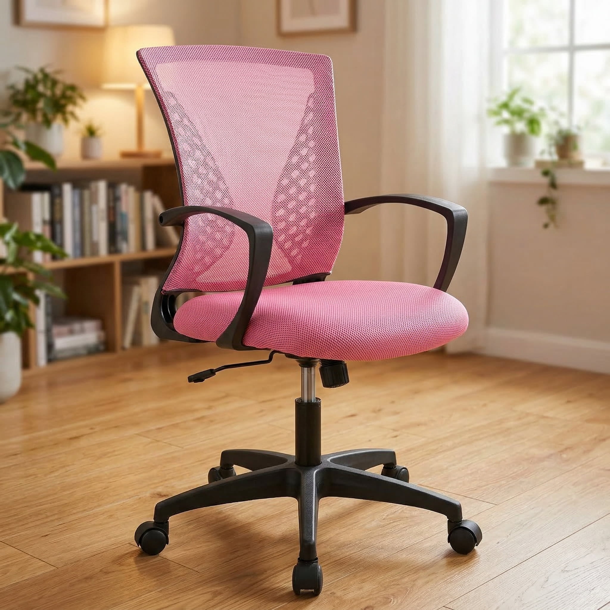 Home Office Chair - Ergonomic Mesh Desk Chair with Lumbar Support, Height Adjustable Task Chairs with Fixed Armrest, for Computer, Students, Conference, 360° Swivel, Pink
