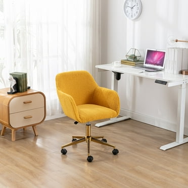 Home Office Chair,Height Adjustable Swivel Task Chair with Universal Wheels and Gold Metal Legs,Upholstered Desk Chair Vanity Chair for Small Space Bedroom Study,Yellow