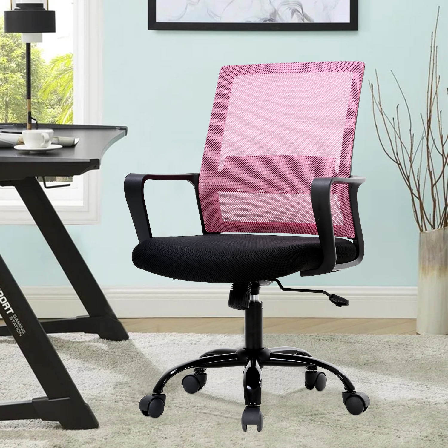 Pink Mesh Ergonomic Swivel Office Chair with Fixed Arms