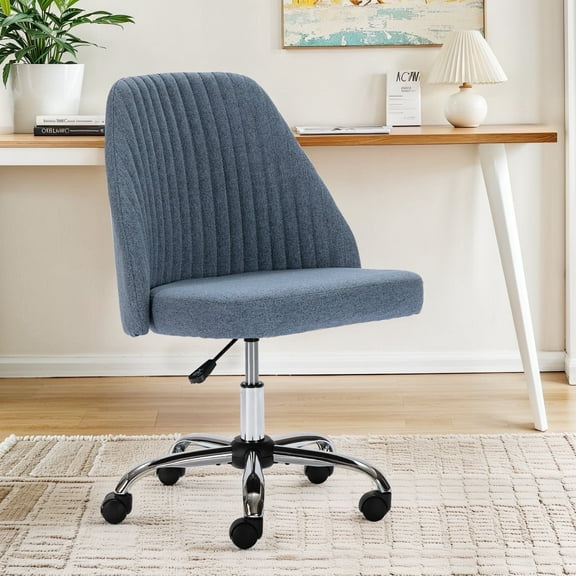 Home Office Chair, Mid Back Armless Fabric Upholstered Desk Chair with Wheels Adjustable Swivel Vanity Chair for Bedroom,Living Room, Blue