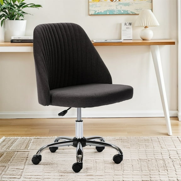 Home Office Chair, Mid Back Armless Fabric Upholstered Desk Chair with Wheels Adjustable Swivel Vanity Chair for Bedroom,Living Room, Dark Gray