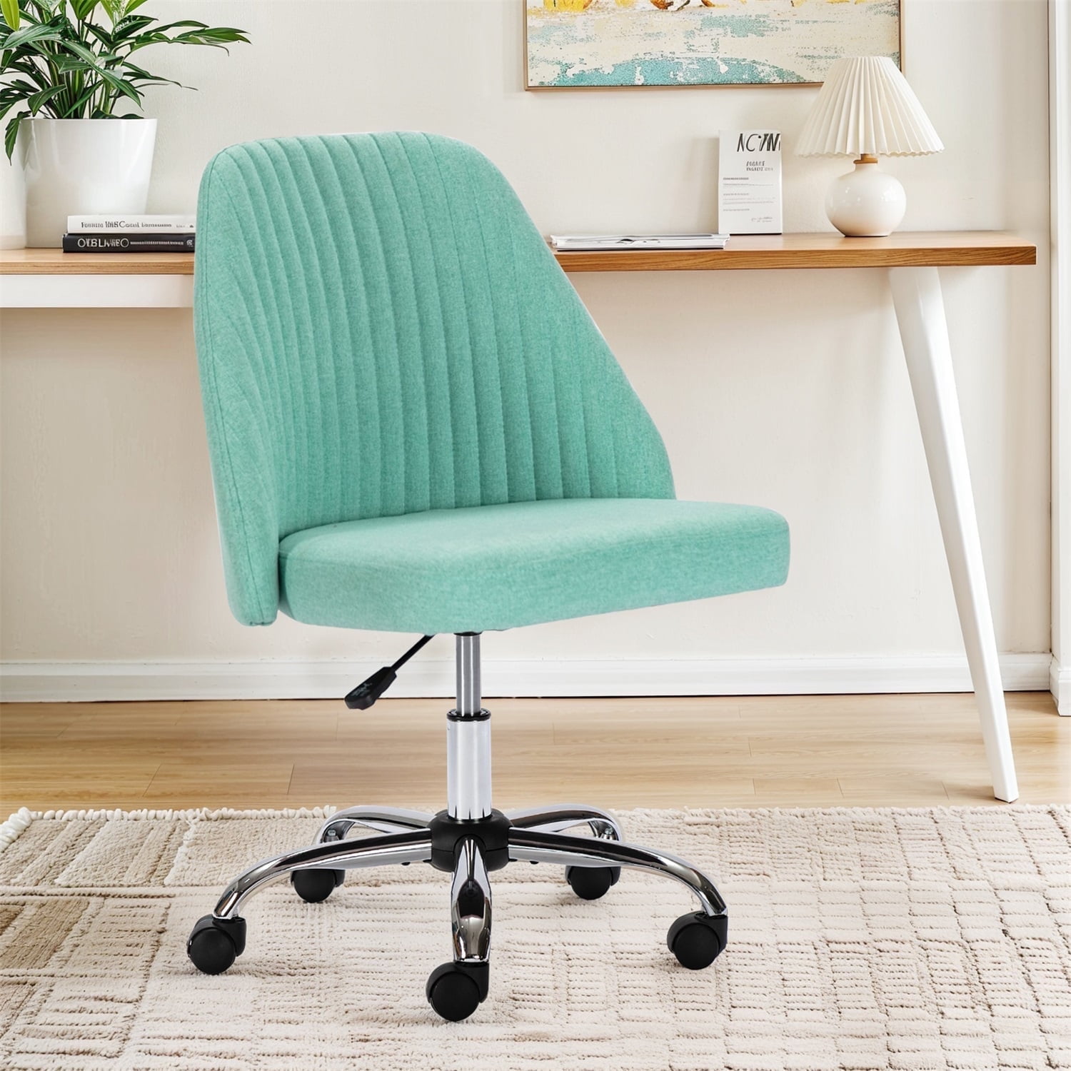 Home Office Chair, Mid Back Armless Fabric Upholstered Desk Chair with Wheels Adjustable Swivel Vanity Chair for Bedroom,Living Room, Green