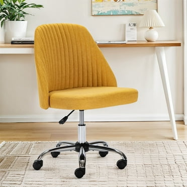 Home Office Chair, Mid Back Armless Fabric Upholstered Desk Chair with Wheels Adjustable Swivel Vanity Chair for Bedroom,Living Room, Yellow