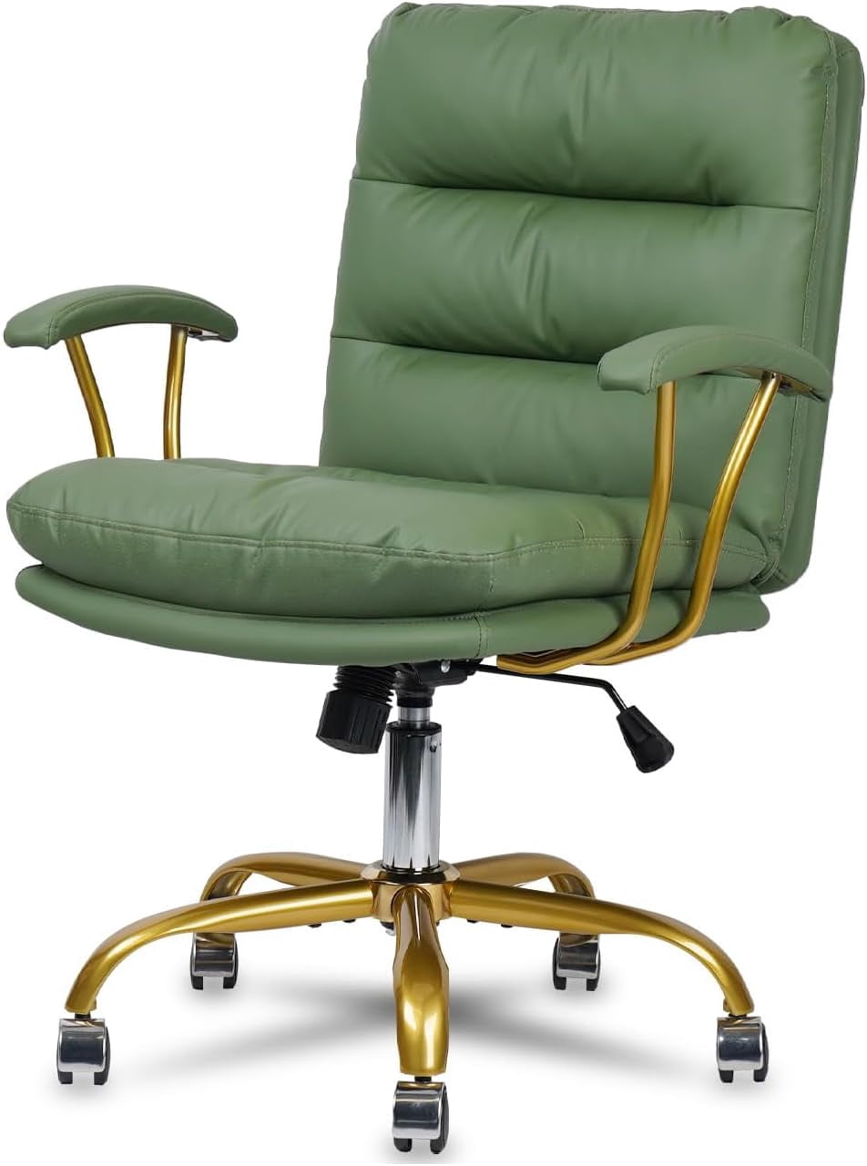 Home Office Chair, Mid-Back PU Leather Ergonomic Task Desk Chair with Wheels and Gold Arms Comfortable Swivel Computer Chairs with Gold Foot for Dresser Bedroom Study Meeting (Green)