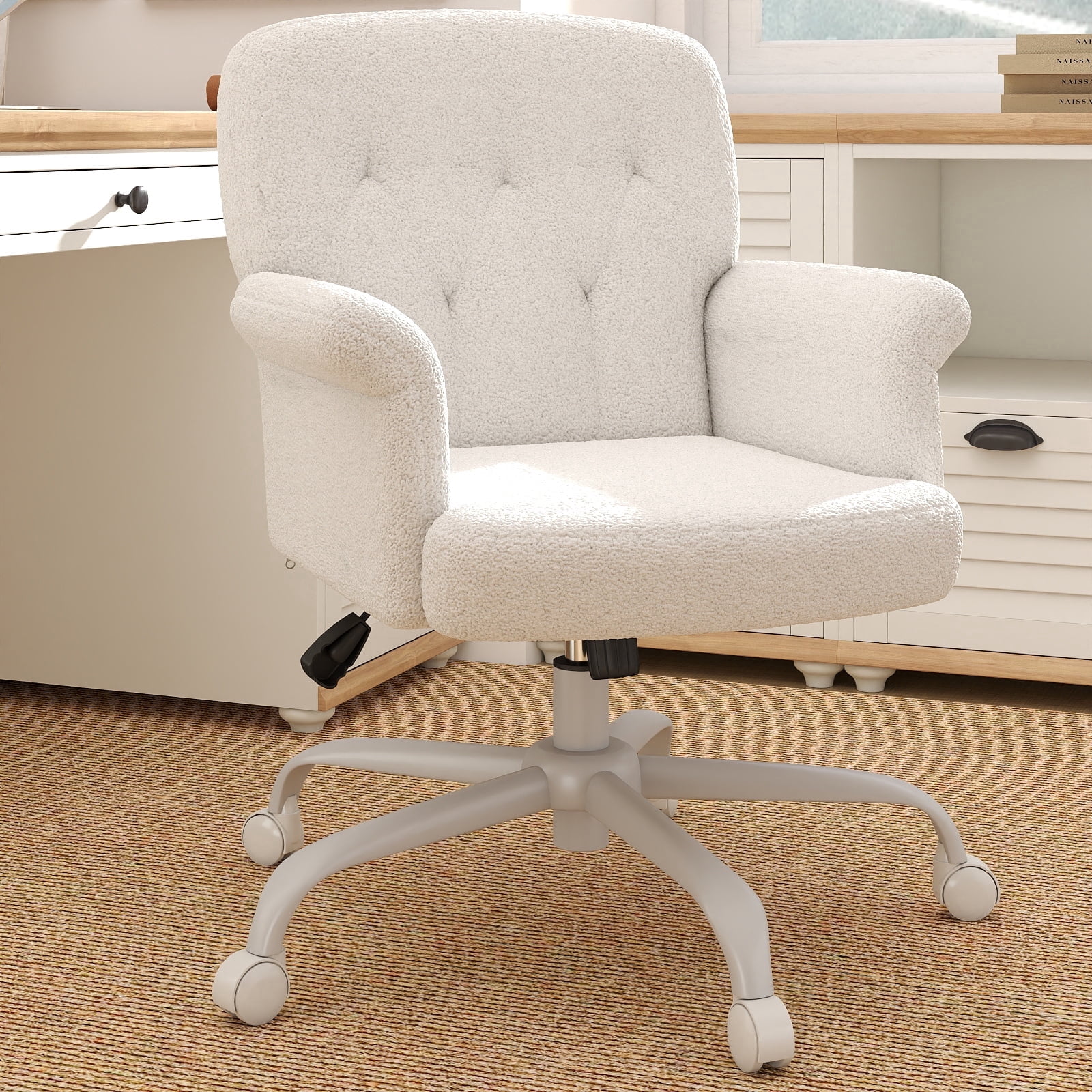 YERAIRR Home Office Chair Mid-Back Upholstered Tufted Computer Task Chair Height Adjustable Swivel Vanity Chair White