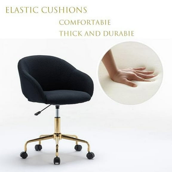 Home Office Chair, Modern Swivel Desk Chair with Gold Base, High Back Ergonomic Desk Mesh Chair Round Solid Wheel, Adjustable Vanity Chair for Study, Living Room, Bedroom (Black)