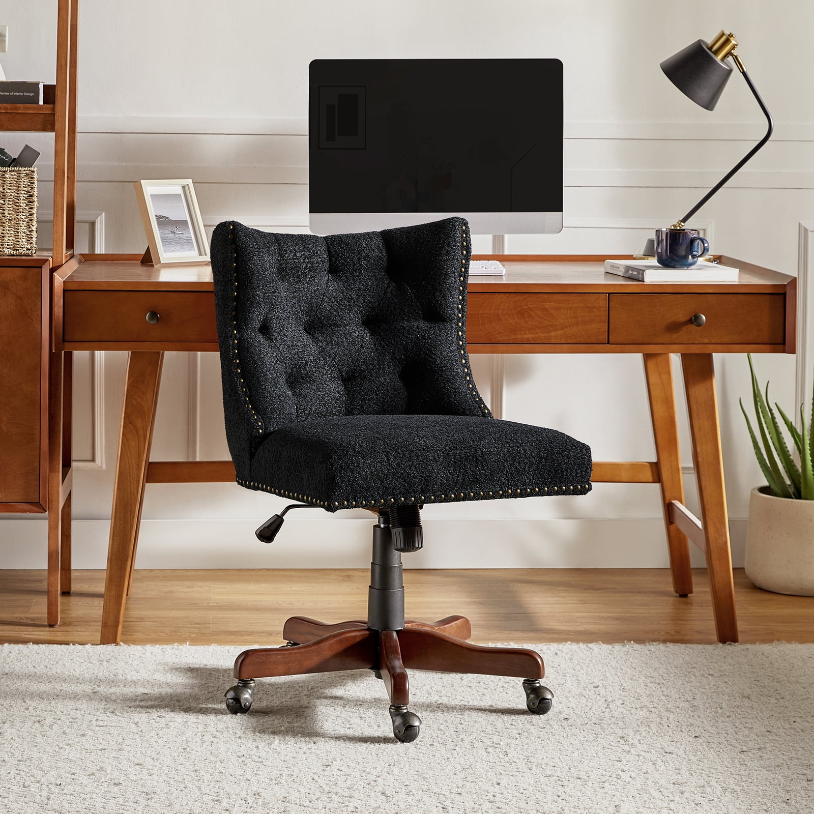 Swivel Office Chair Wooden Rattan Back Adult Task Chair Living