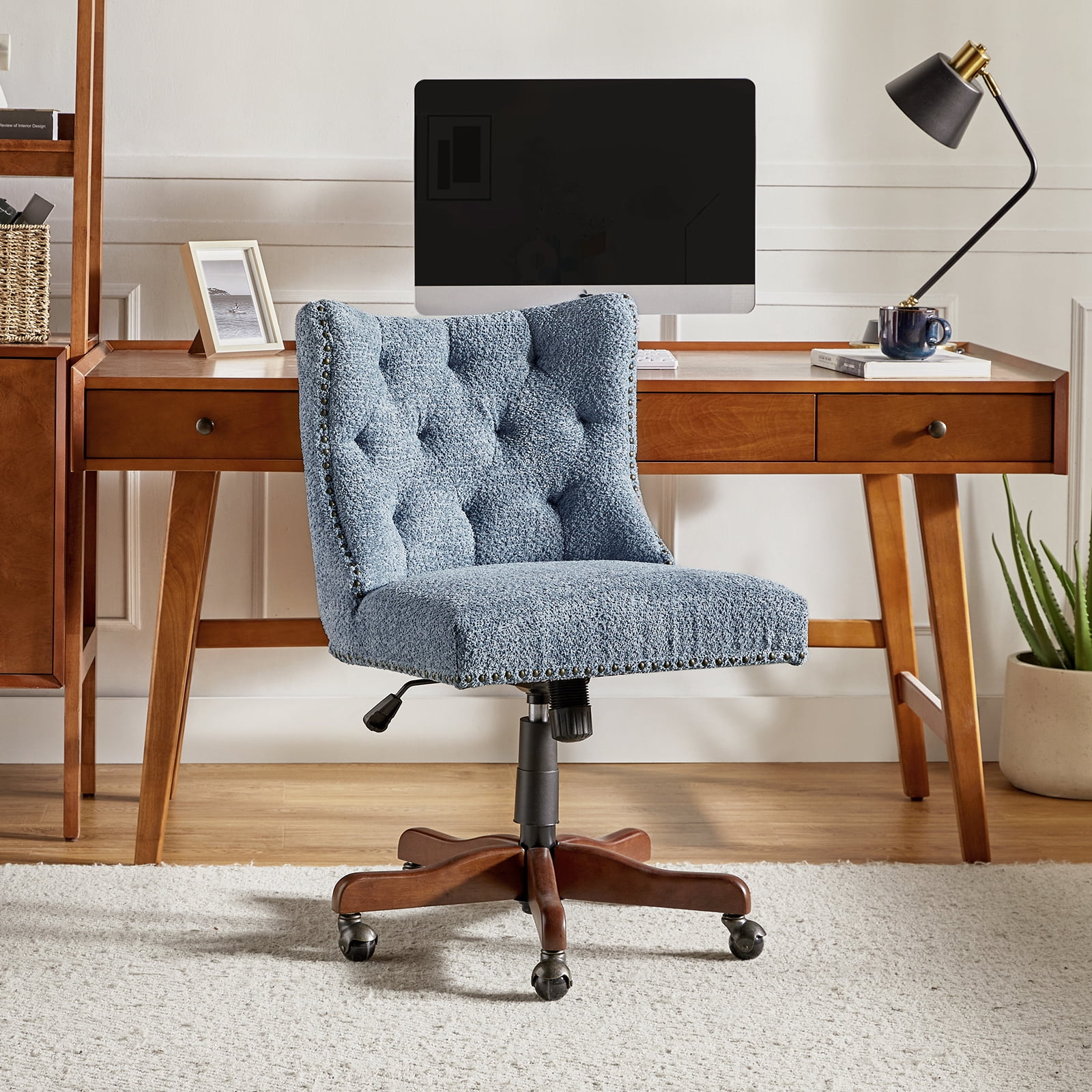 Home Office Chair Rocking Swivel Task Chair Armless Rolling Solid Wood ...