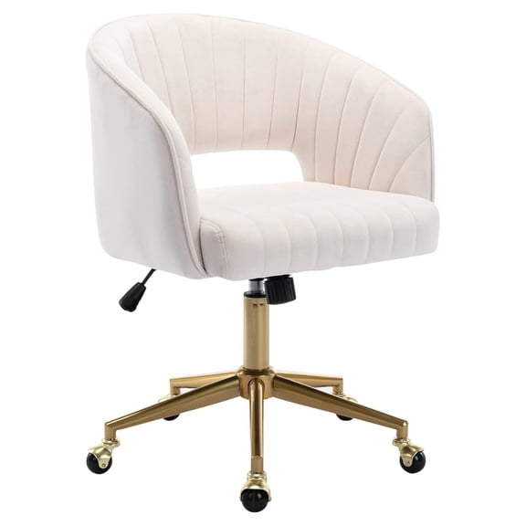 Home Office Chair Swivel Velvet Desk Chair Accent Armchair Upholstered Modern Tufted Chairs with Gold Base for Girls Women Ergonomic Study Seat Computer Task Stools for Living Room(Cream)