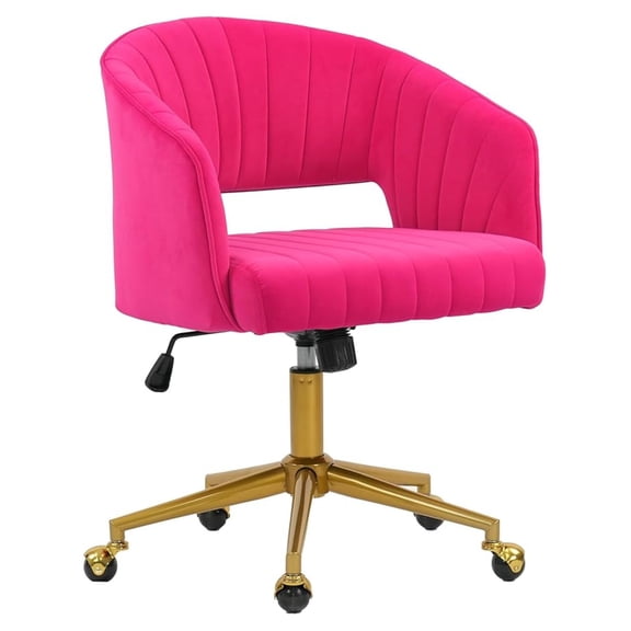 Home Office Chair Swivel Velvet Desk Chair Accent Armchair Upholstered Modern Tufted Chairs with Gold Base for Girls Women Ergonomic Study Seat Computer Task Stools for Living Room(Hot Pink)