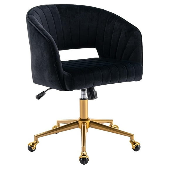 Home Office Chair Swivel Velvet Desk Chair Accent Armchair Upholstered Modern Tufted Chairs with Gold Base for Girls Women Ergonomic Study Seat Computer Task Stools for Living Room(Black)