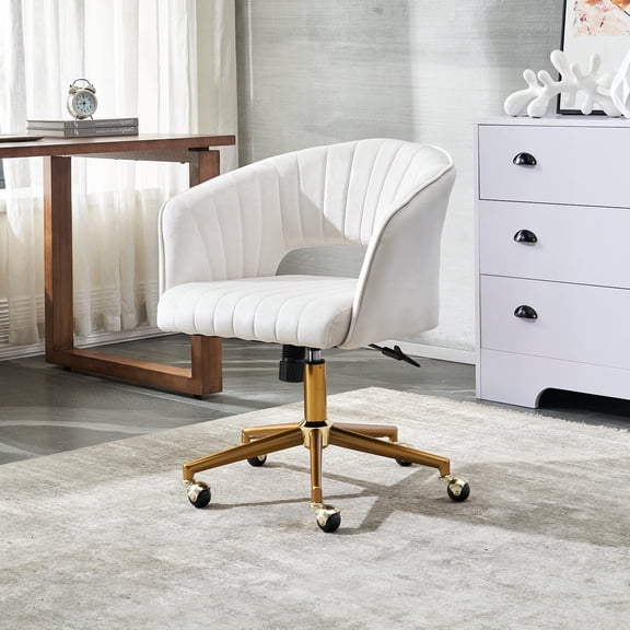 Home Office Chair Swivel Velvet Desk Chair Accent Armchair Upholstered Modern Tufted Chairs with Gold Base for Girls Women Ergonomic Study Seat Computer Task Stools for Living Room（Beige）
