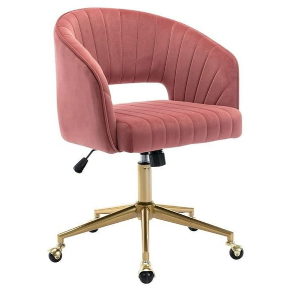 Home Office Chair Swivel Velvet Desk Chair Accent Armchair Upholstered Modern Tufted Chairs with Gold Base for Girls Women Ergonomic Study Seat Computer Task Stools for Living Room(Rose)