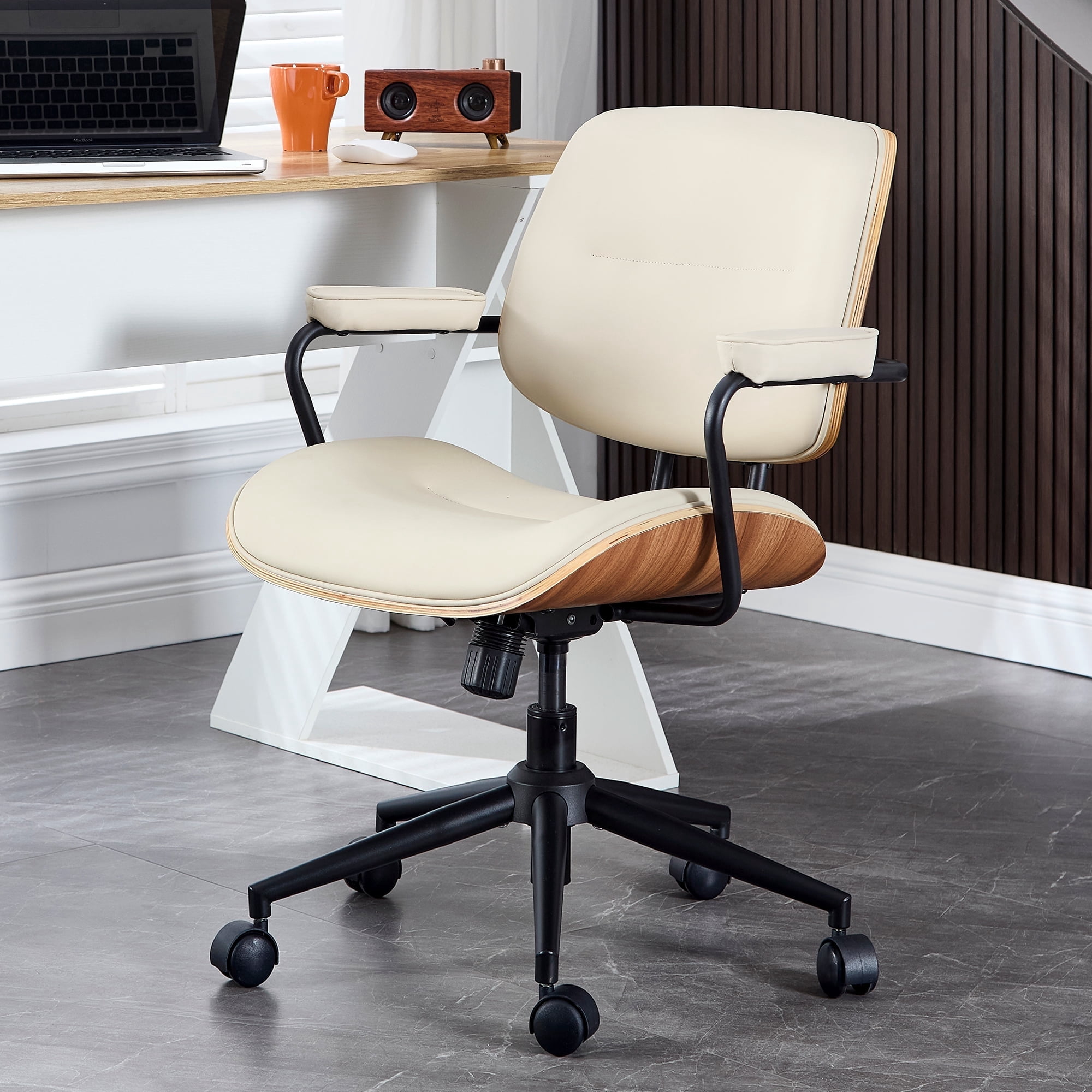 Home Office Chair with Wheel, Mid Century Modern Desk Chairs, Adjustable Height Arm Chair with Walnut Back, PU Leather Task Chair Vanity Chair for Home Office, Reading Room, Beige