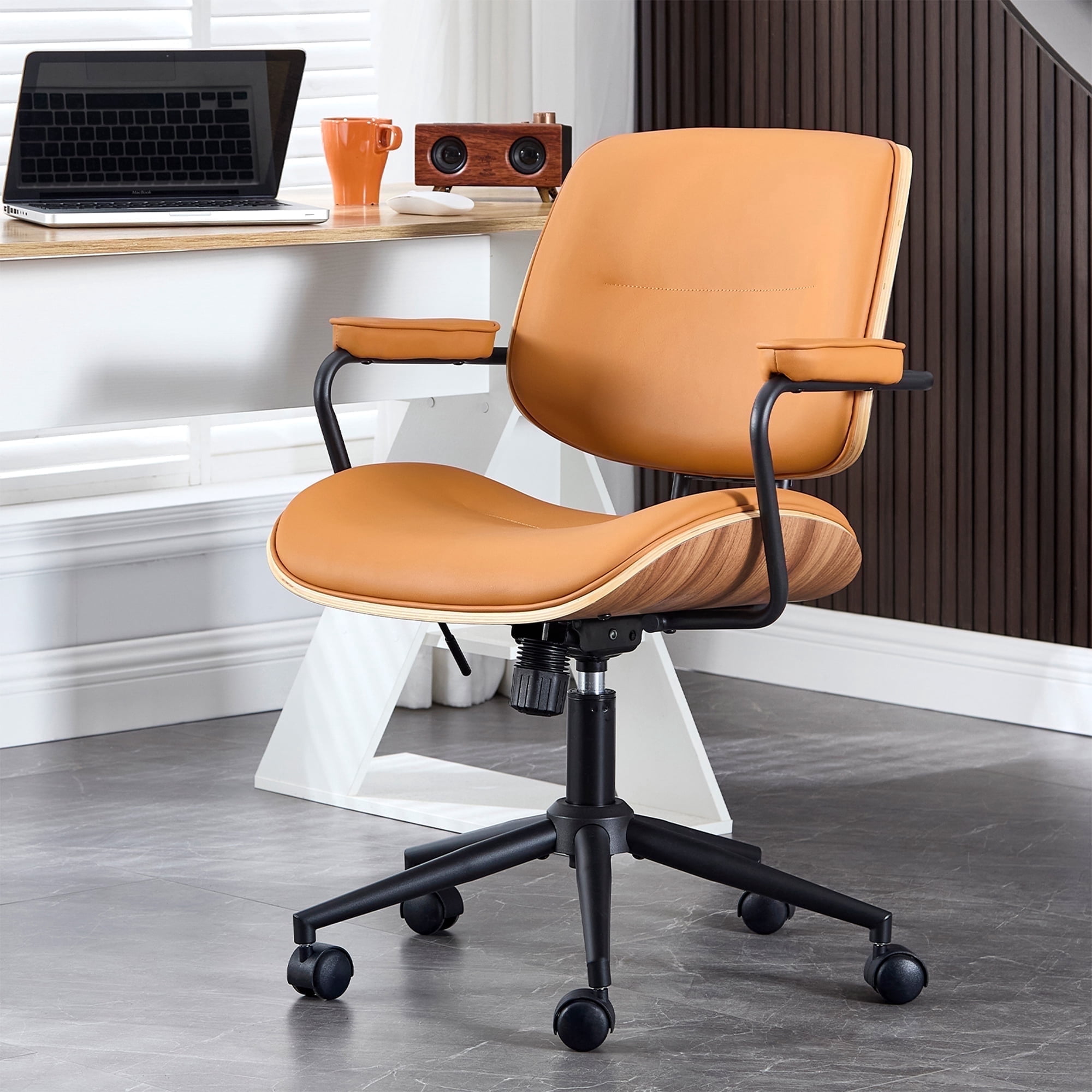 Mid Century Modern Home Office Chair, Adjustable Height Desk Chair with Wheel & Walnut Back, Swivel Rolling Task Chair for Home, Office, Reading Room, Orange