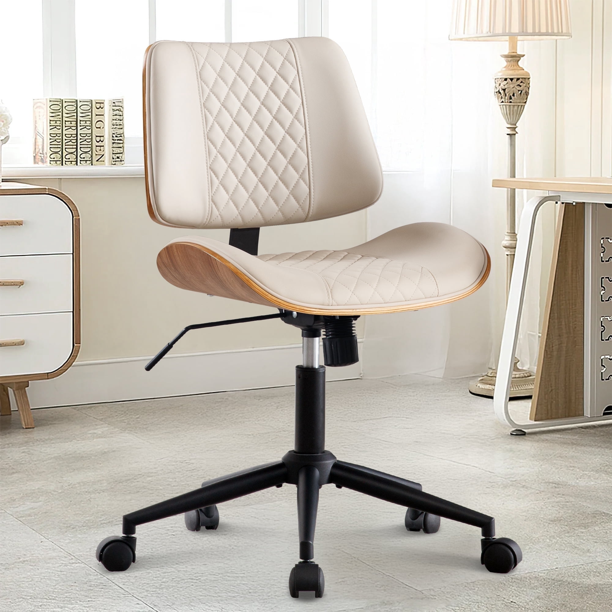 Home Office Chair with Wheels, Adjustable Height and 360° Swivel Armless Desk Chair, Modern PU Leather Mid-Back Computer Chair for Office Living Room Bedroom, Beige