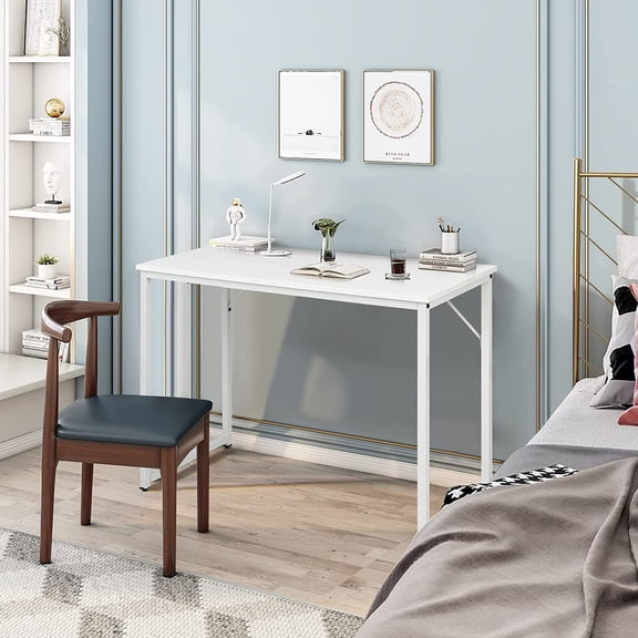 Home Office Computer Desk, 40 inch Modern Simple Writing Study Desk, Metal Frame Gaming Desk, Laptop PC Workstation for Living Room, Bedroom & Study (White)