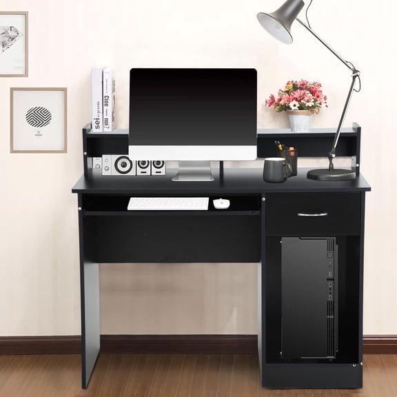 Home Office Computer Desk, 43" PC Desk with Drawers and Pull-Out Keyboard Tray, Modern Studying Writing Table with Hutch and Storage Shelves, Black