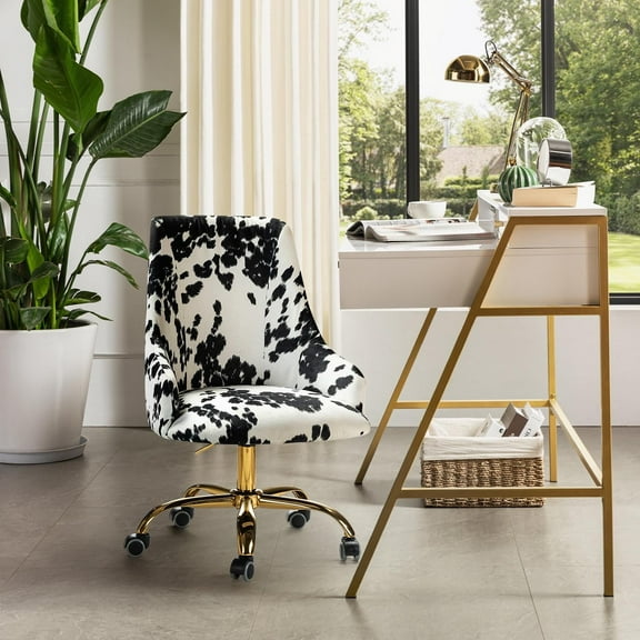 Home Office Computer Desk Chair Upholstered Swivel Adjustable Study Task Chairs Gold Base Cow Black