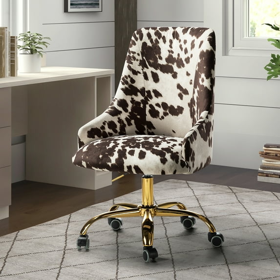 Home Office Computer Desk Chair Upholstered Swivel Adjustable Study Task Chairs Gold Base Cow COWHIDE