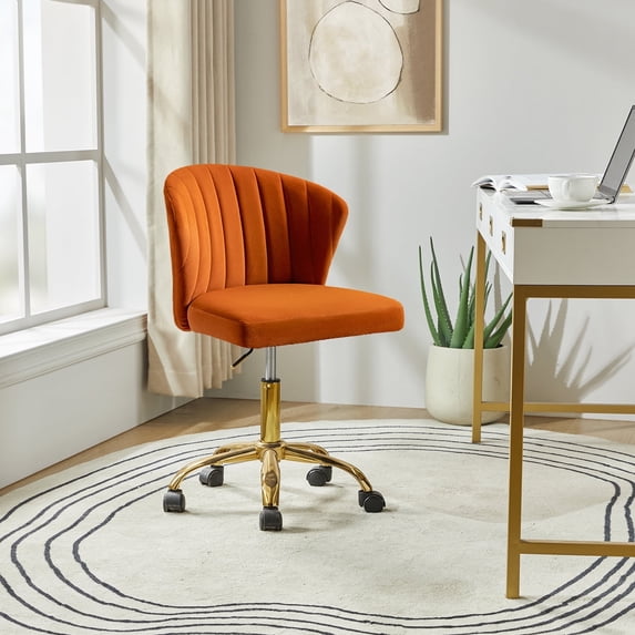 Tina's Home Orange Velvet Swivel Office Chair with Gold Legs, Adjustable Height Rolling Desk Chair for Vanity