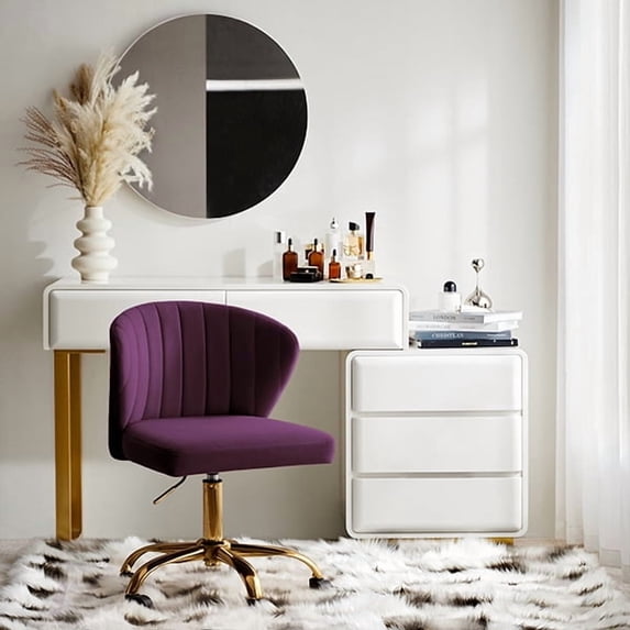Tina's Home Purple Velvet Swivel Office Chair with Gold Legs, Adjustable Height Rolling Desk Chair for Vanity