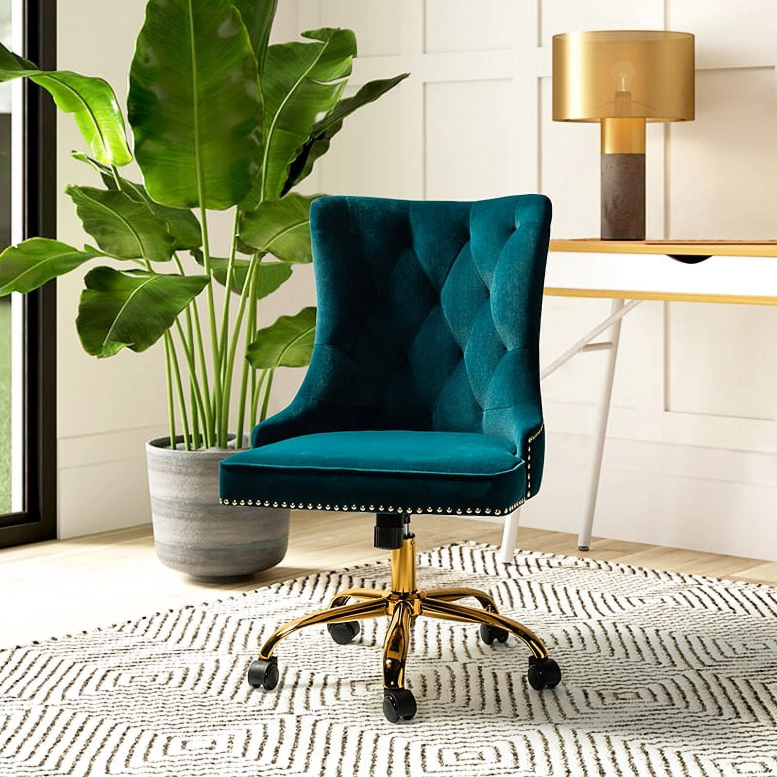 Home Office Computer Desk Chair Velvet Tufted Upholstered Task Rolling