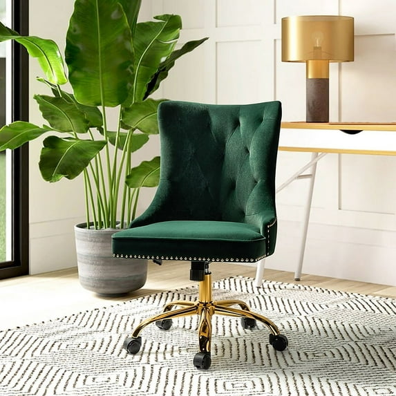 Home Office Computer Desk Chair Velvet Tufted Wingback Upholstered Rolling Chairs Adjustable Gold Leg,Green