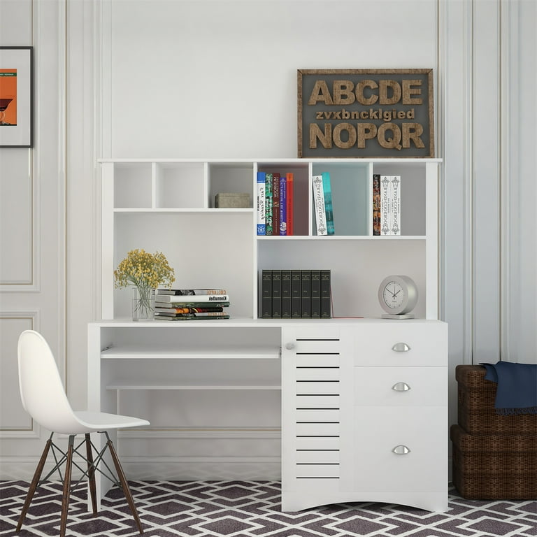 Home Office Computer Desk Hutches Big Storage Space Study Writing Table with Storage Drawers and Bookshelf for Small Space Bedroom Study White