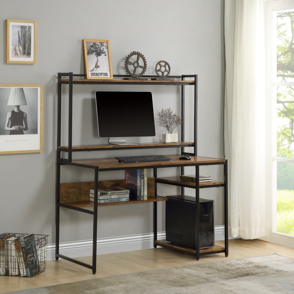 Home Office Computer Desk with 2-Tier Bookshelf and Storage Shelf, Removable Monitor Riser