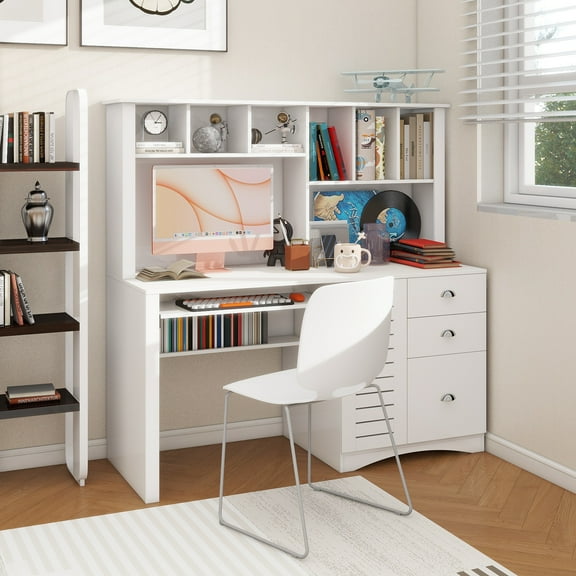Home Office Computer Desk with Hutch, Antiqued White finish