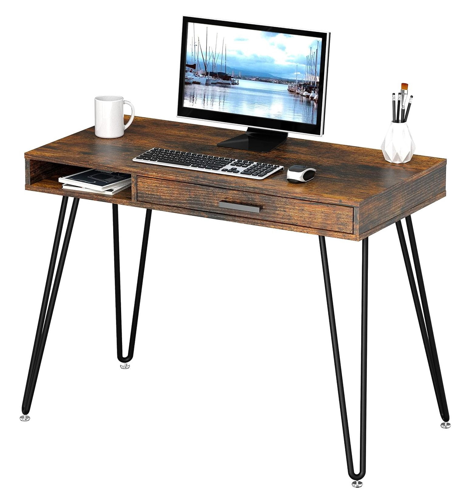 Home Office Computer Hairpin Leg Desk with Drawer Rustic Brown Compact ...