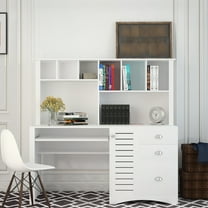 Home Office Desk With , Antique White, 59.06*23.62*57.68 Inch, 2 Open Shelf, 3 Large Drawers, Copious Storage Space, Concealed Cabinet, Scratch- Desktop Computer In Antiqued 59.06*23.62*57.68",