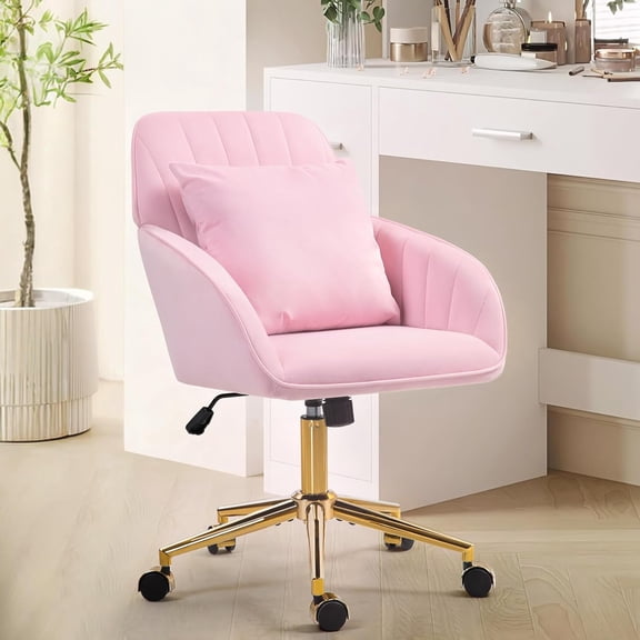 Home Office Desk Chair with Adjustable Swivel Wheels, Modern Velvet Makeup Vanity Chair with Back & Pillow, Ergonomic Office Chair Computer Task Chair for Living Room, Bedroom, Pink