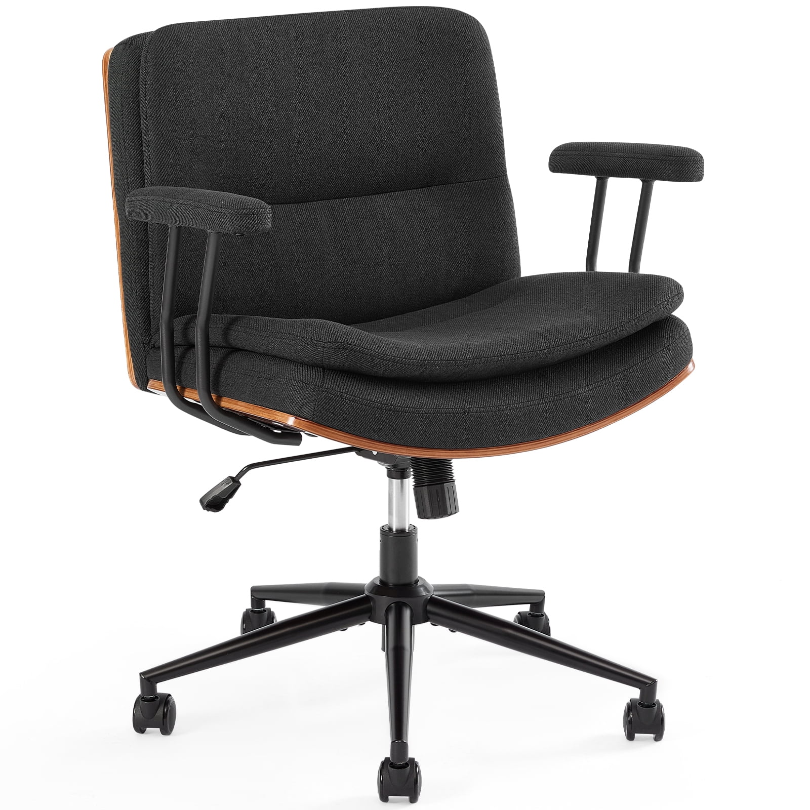 Home Office Desk Chair with Armrests & Wheels, Modern Walnut Swivel Rolling Executive Task Chair, Height Adjustable Ergonomic Computer Chair, Black Fabric