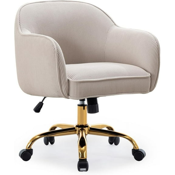 Home Office Desk Chair with Arms Gold Wheels Modern Velvet Upholstered Rolling Computer Chair Mid-Back Ergonomic Adjustable Swivel Vanity Chair for Bedroom Study Office, Beige,Corduroy