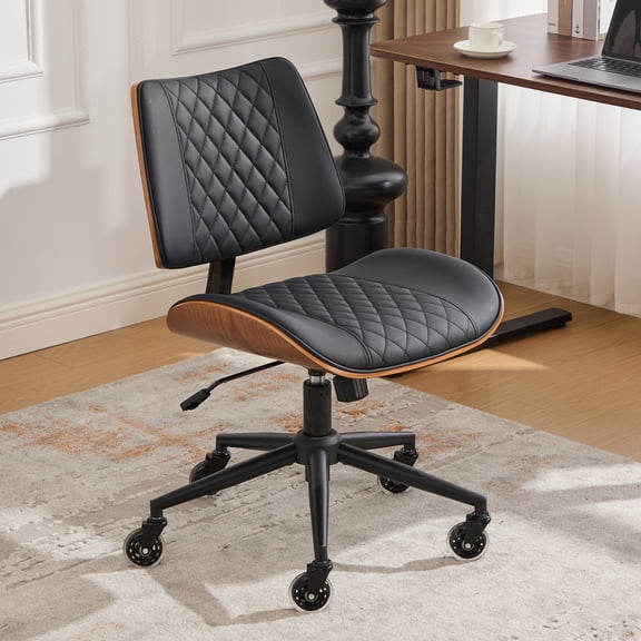 Home Office Desk Chair, Ergonomic Desk Chair with Adjustable Height Mid Back, Armless 360 Swivel Computer Chair with Silent Rubber Wheels, Black Leather