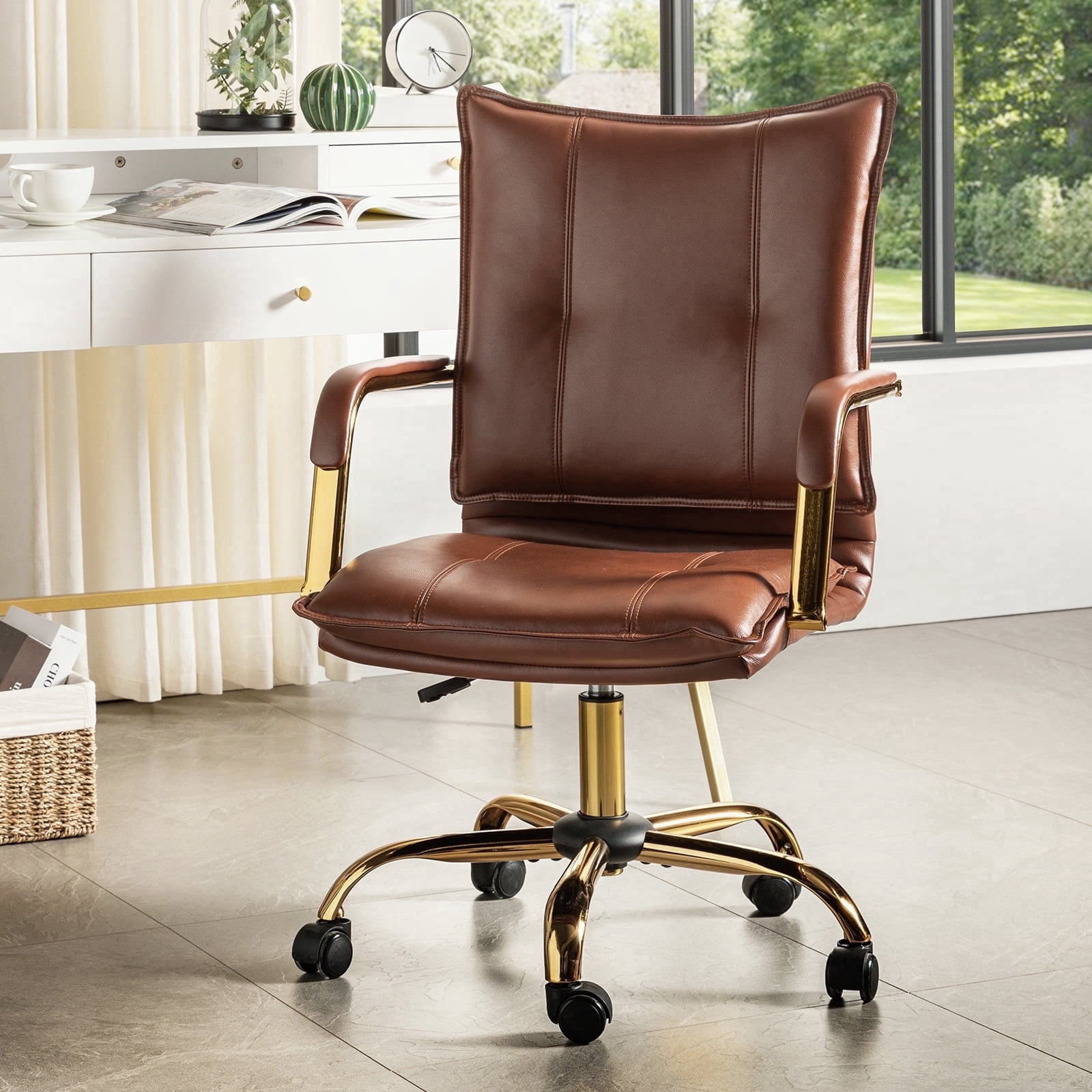 Faux Leather Office Chair Adjustable Swivel Desk Chair with Golden Legs and Arms Upholstered, Brown